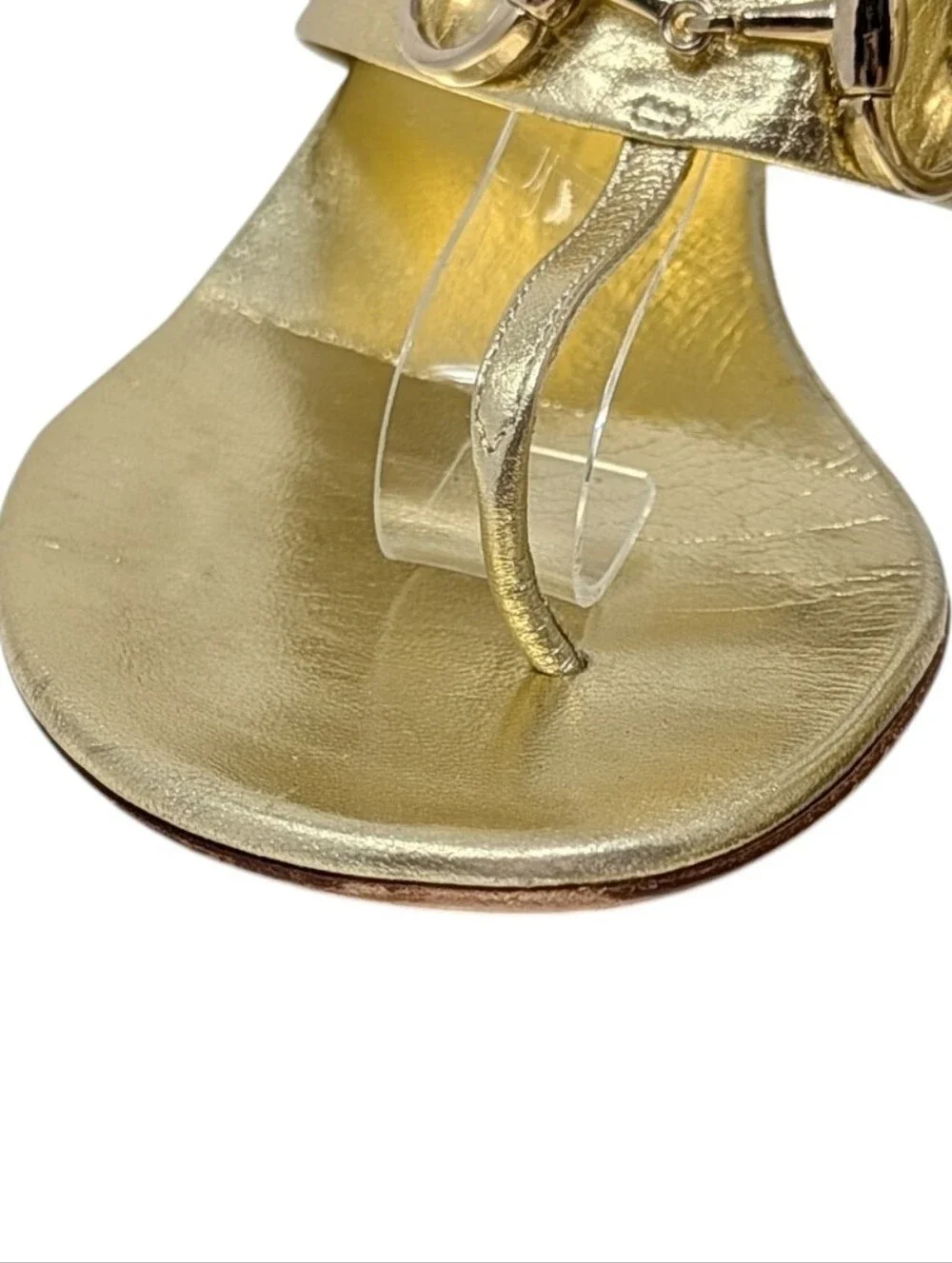 Gucci Gold T-Strap Horsebit Heeled Dress Up Thong Sandals Size 8